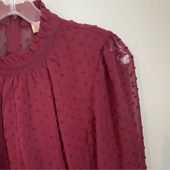 Altar’d State Swiss Dot Burgundy High Neck Sheer Dress - Picture 2 of 5